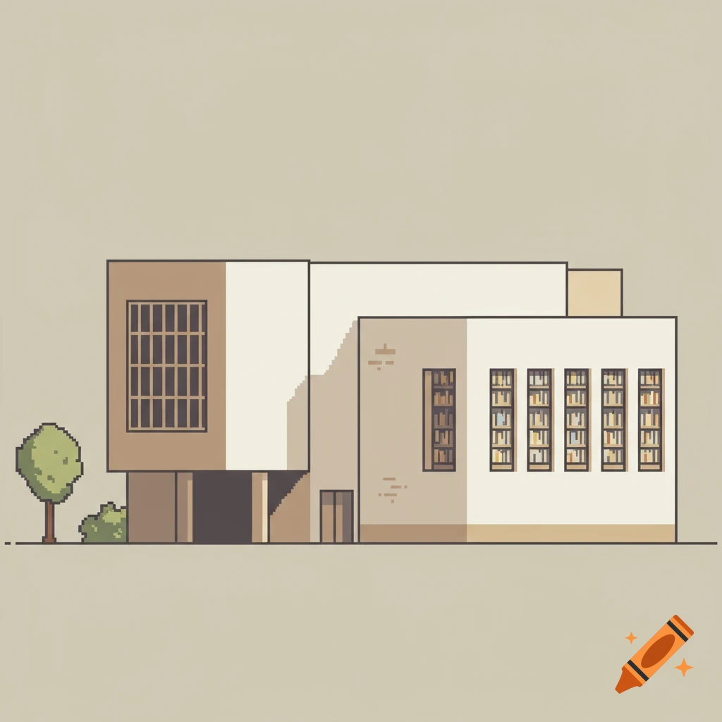 A minimalist pixel art illustration of a university library building.