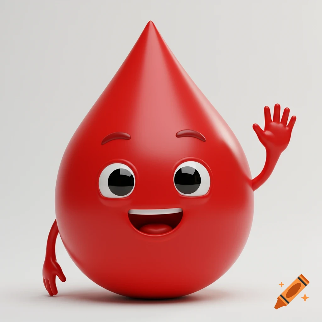 A happy red cartoon blood droplet character waves.
