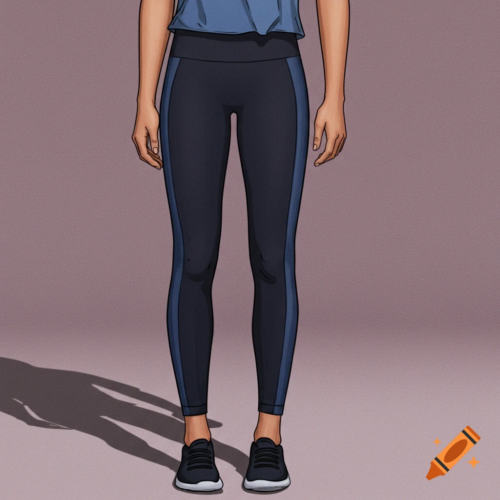 A person wearing navy blue leggings with light blue stripes and black sneakers.