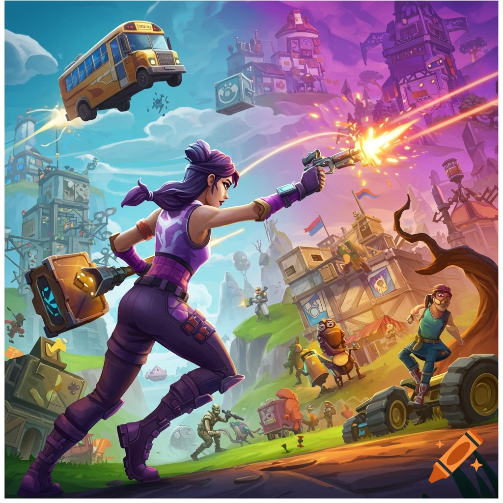 A Fortnite-style character running and shooting in a landscape with buildings and a flying bus.