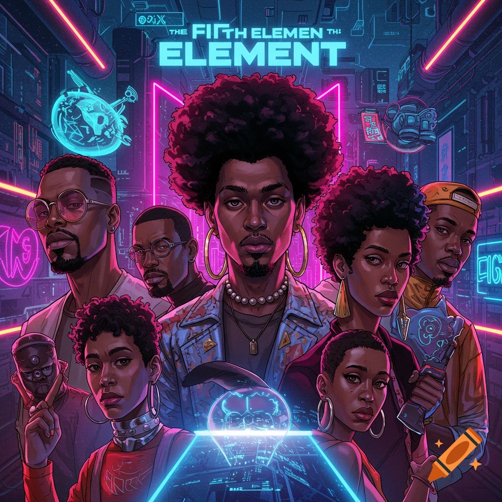Diverse Black people in a cyberpunk setting with neon lights and text 'THE FIFTH ELEMENTH'.