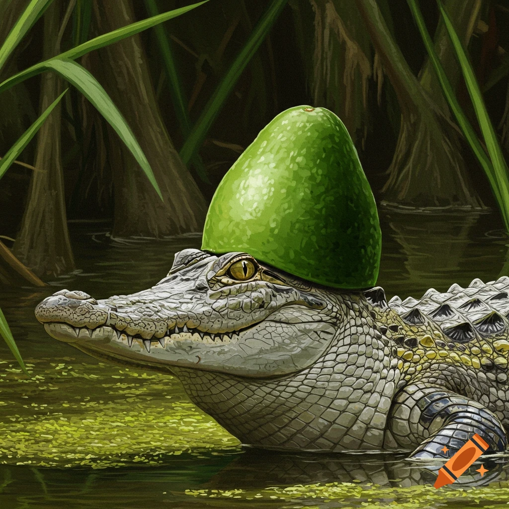 An alligator wearing an avocado on its head in a swamp.