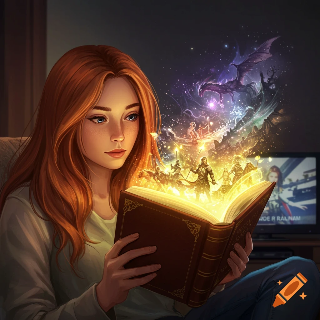 A young woman with red hair reads a glowing fantasy book with mythical creatures and warriors emerging from it.