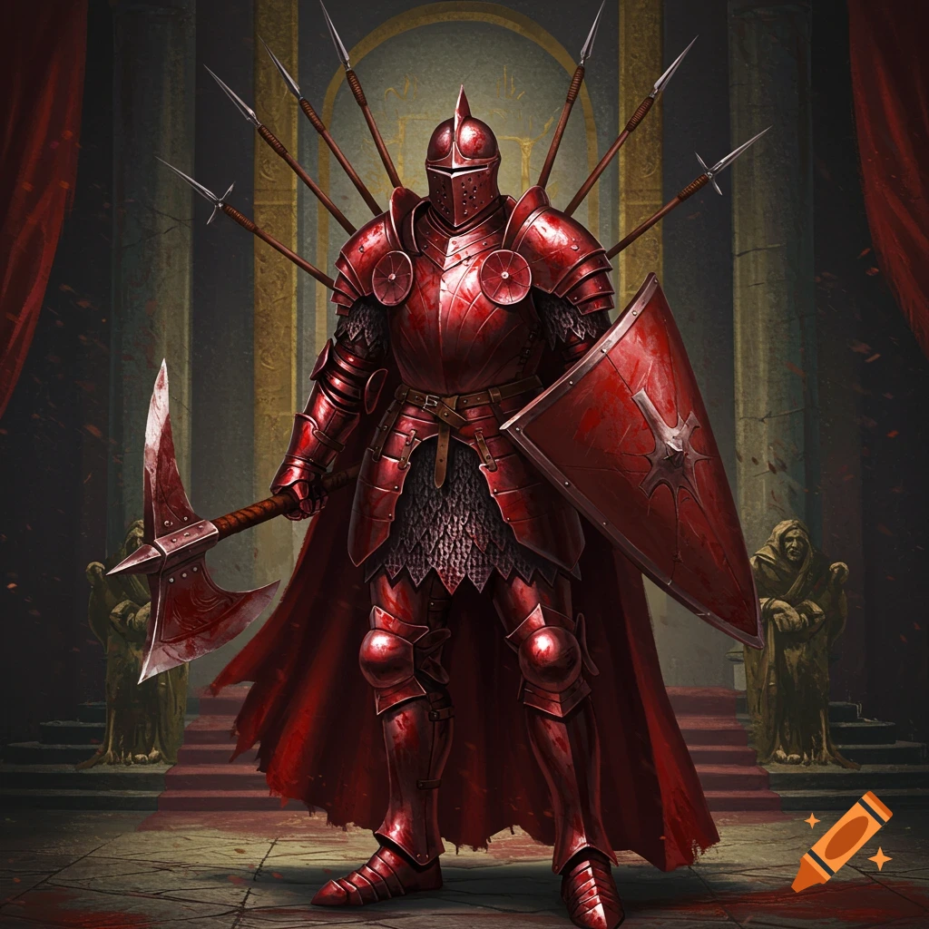 A knight in blood red armor stands in a throne room holding a battle axe and shield, with spears behind him.