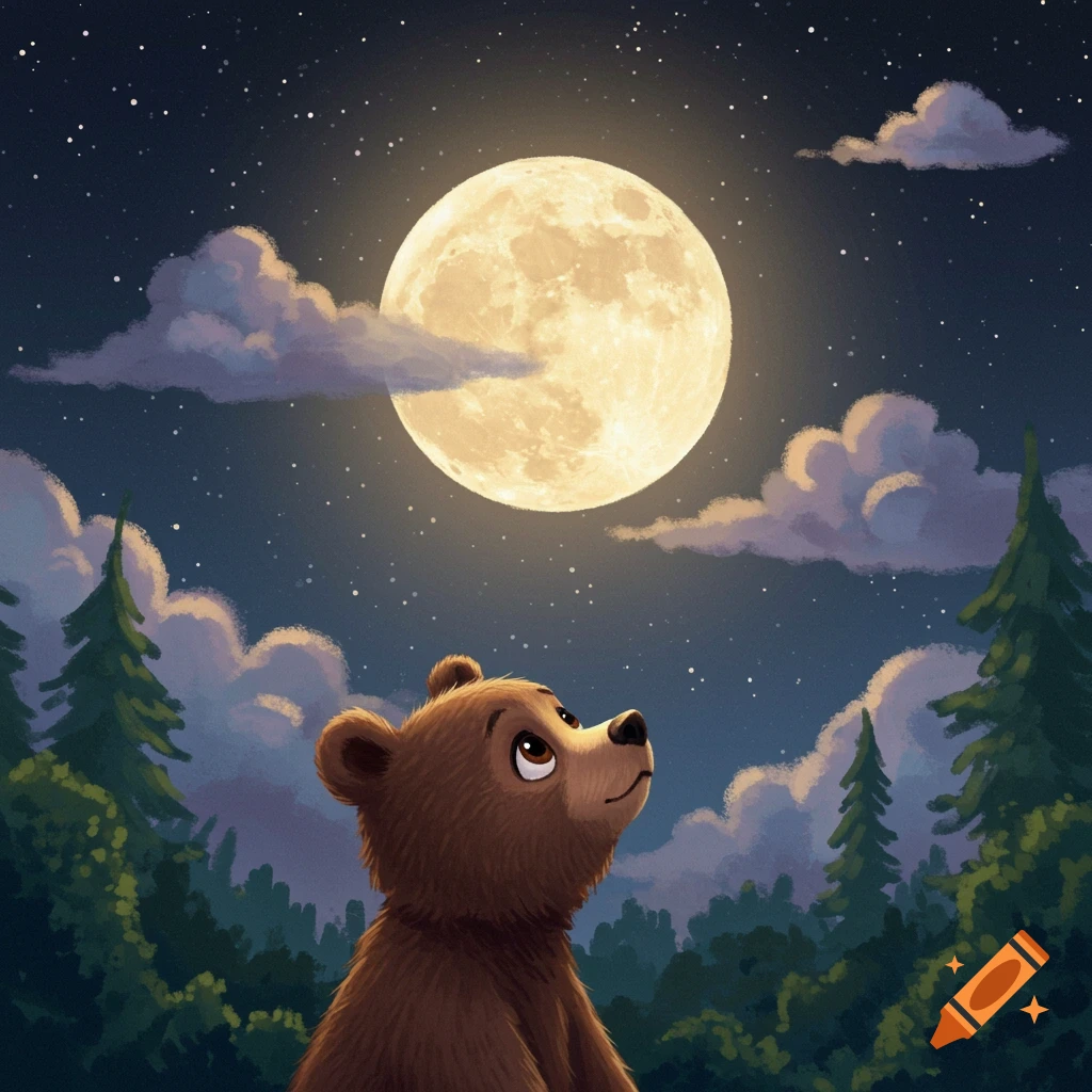 A cartoon bear looks up at a large moon in a starry night sky with clouds and trees.