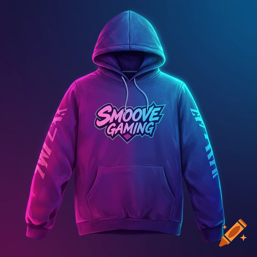 A purple hoodie with a 'SMOOVE GAMING' logo, highlighted by pink and blue light.