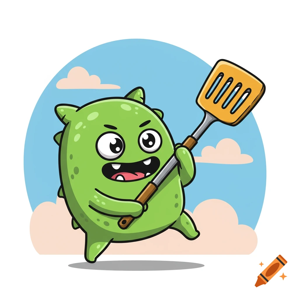 Cartoon green monster holding a spatula like a spear