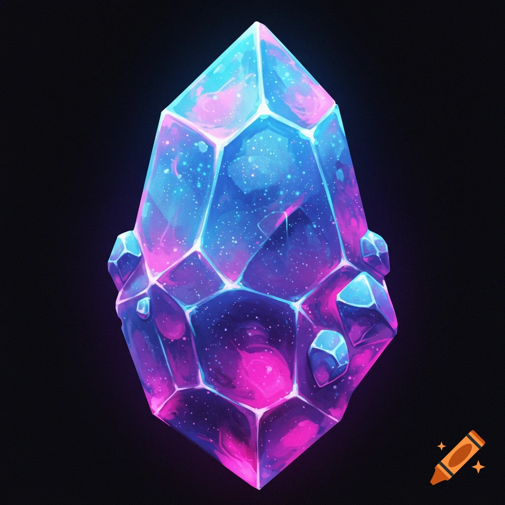 A colorful crystal with a galaxy pattern inside on a black background.