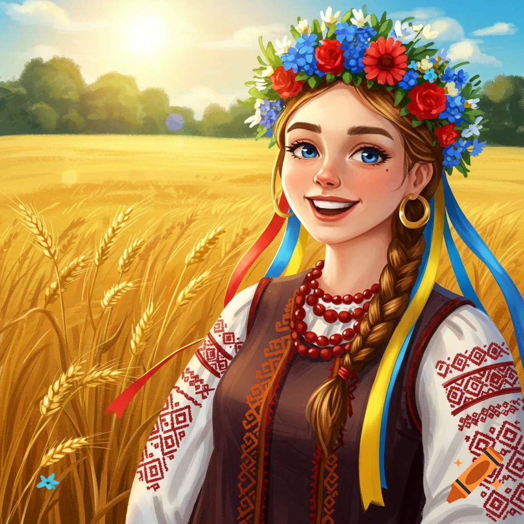A smiling woman in traditional Ukrainian clothing and flower crown stands in a sunlit wheat field.