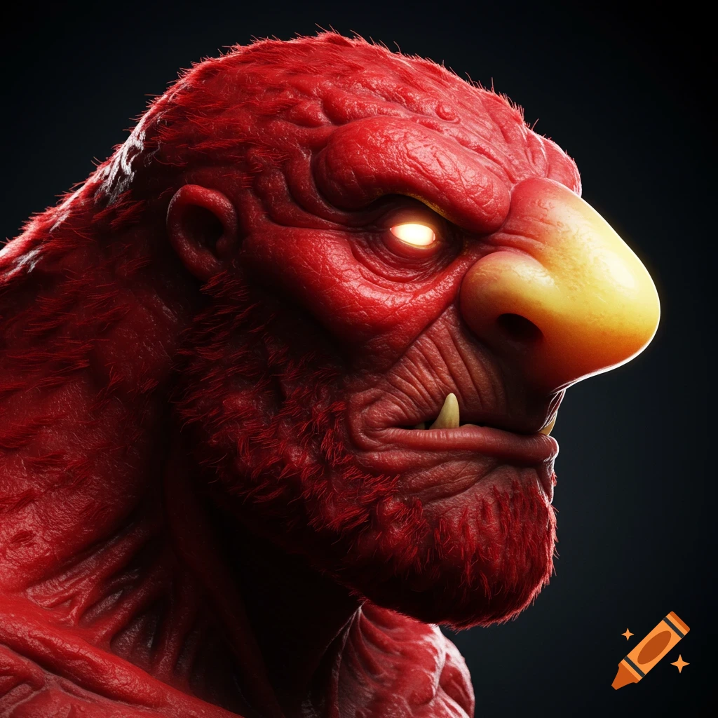 A hyperrealistic portrait of a red monster with a yellow nose.