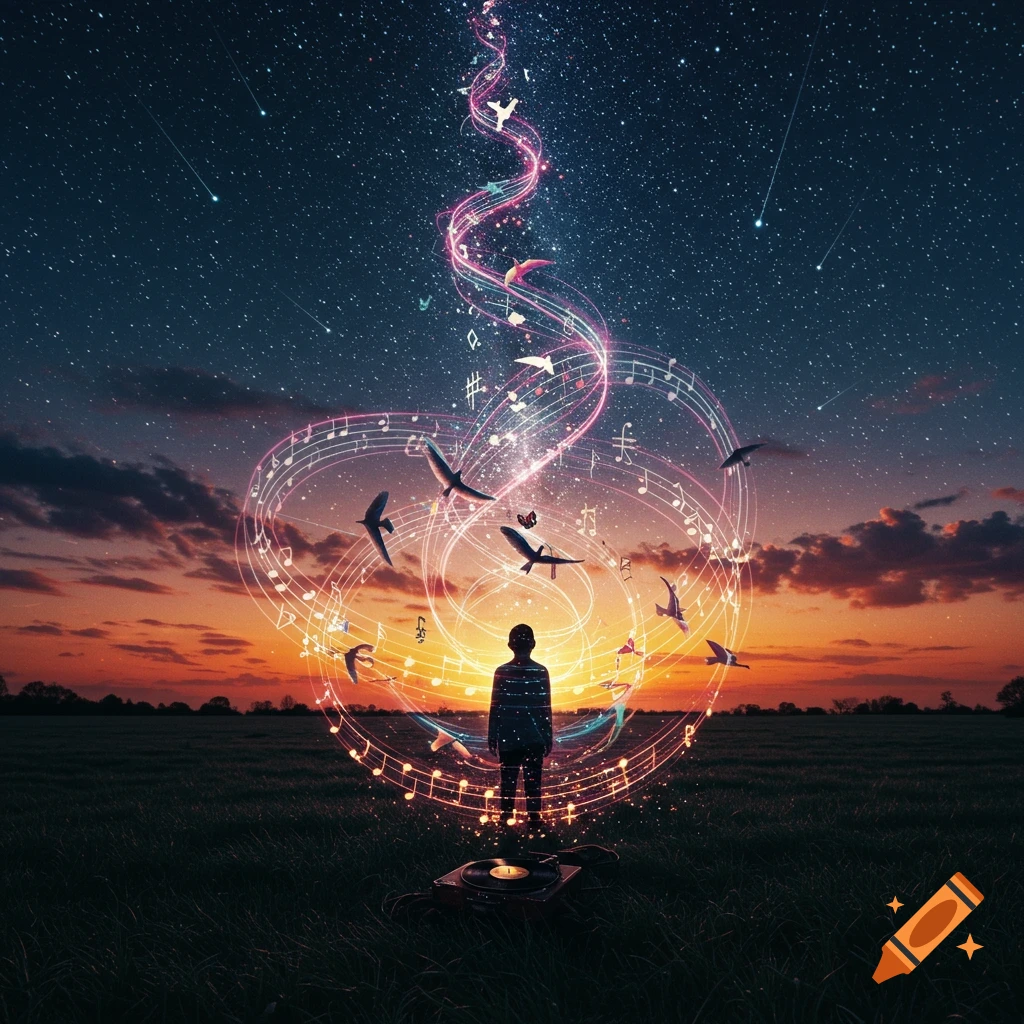 Surreal image of a person in a field at sunset, surrounded by swirling music notes turning into birds, under a starry sky.