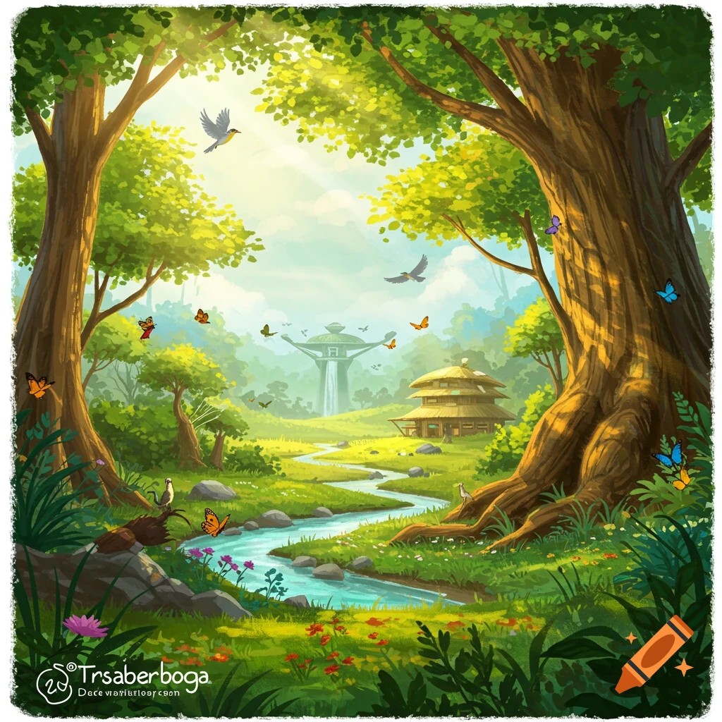 A lush fantasy landscape with a river, buildings, trees, birds, and butterflies.