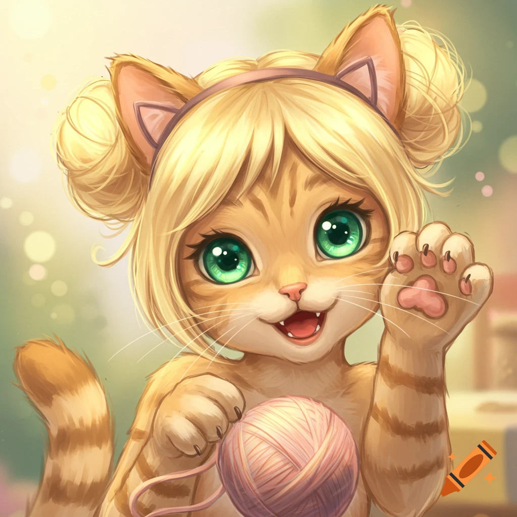 A cute cartoon cat character with green eyes, blonde hair buns, and a headband plays with pink yarn.