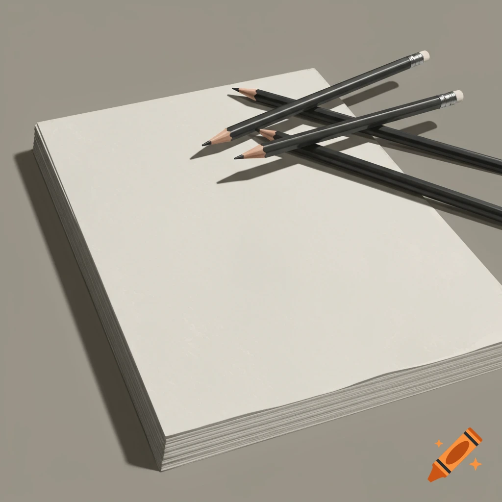 A stack of blank paper with several pencils resting on top.