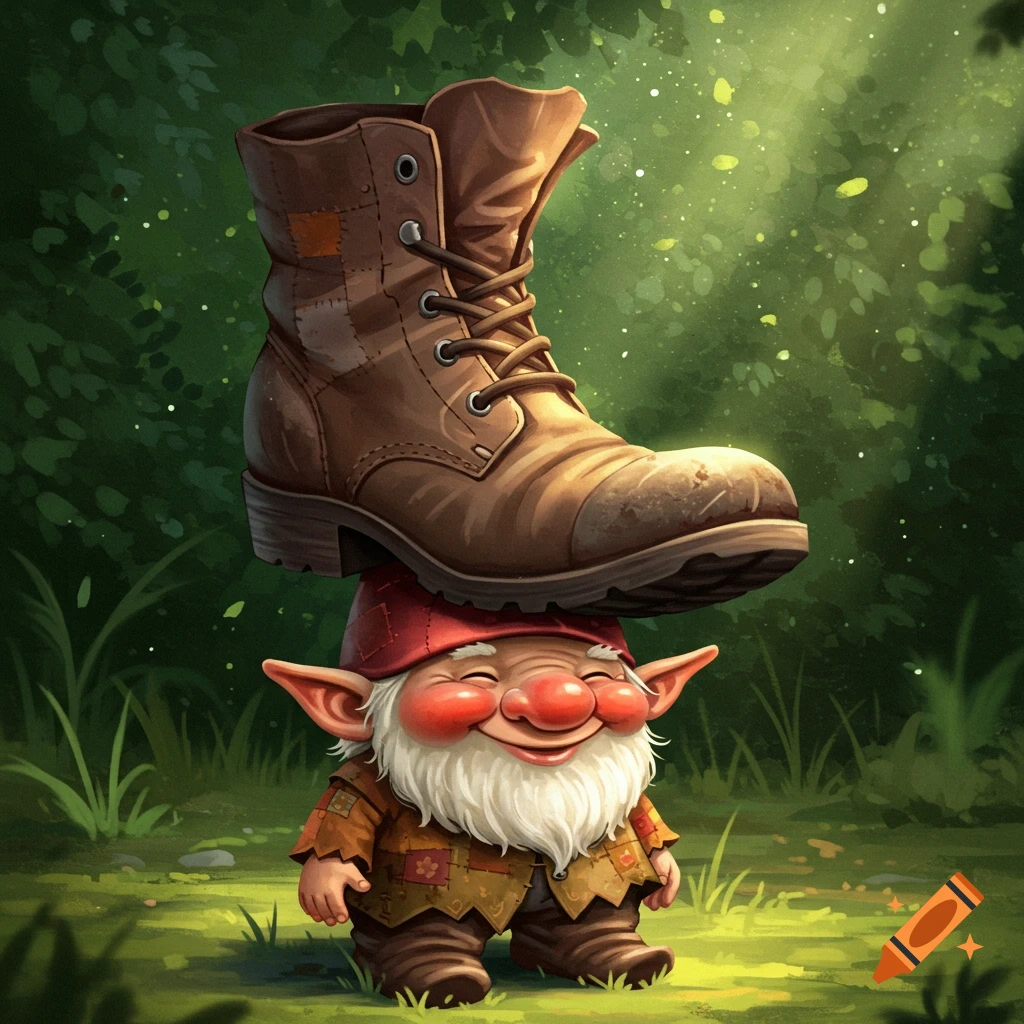 A happy gnome stands in a forest with a large boot on his head.