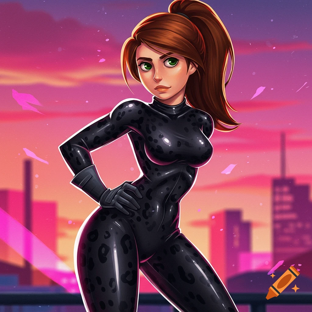 A woman in a black cheetah suit is standing with a city skyline in the background.
