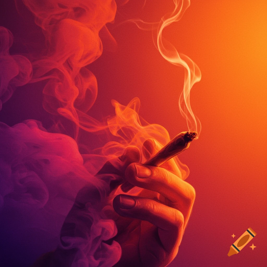 A hand holding a lit joint with smoke against an orange and purple background.