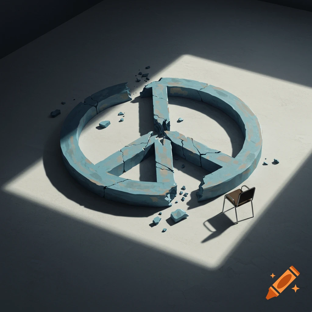A large, broken blue peace symbol lies on a floor with a small chair beside it.