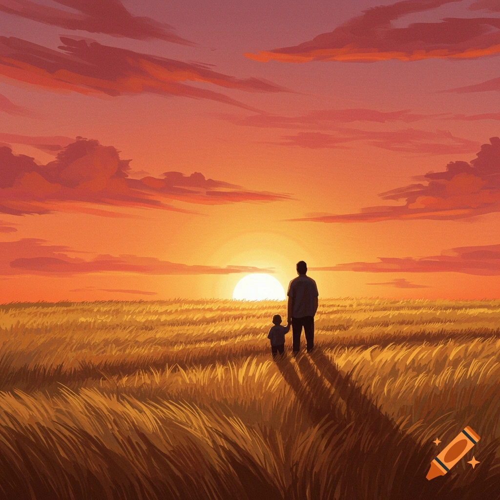 Painterly digital art of a father and son silhouetted against a golden sunset over a wheat field.