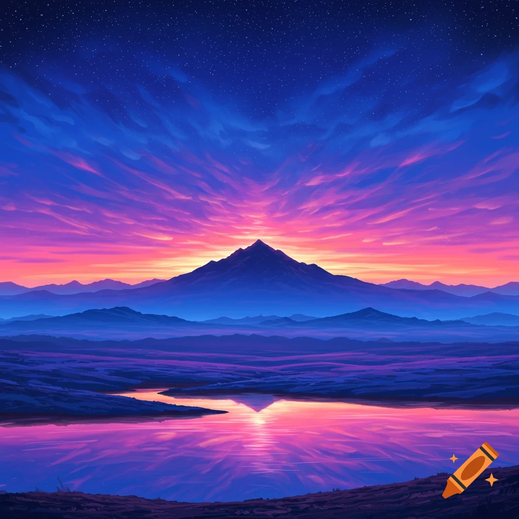 A mountain reflected in a lake during a colorful sunset under a starry sky
