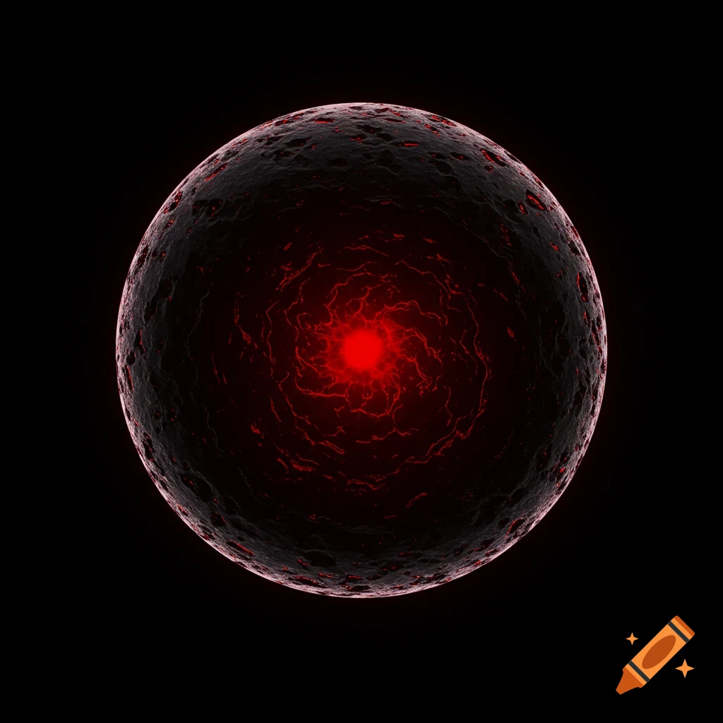 A black orb with a glowing red center and cracks against a black background.
