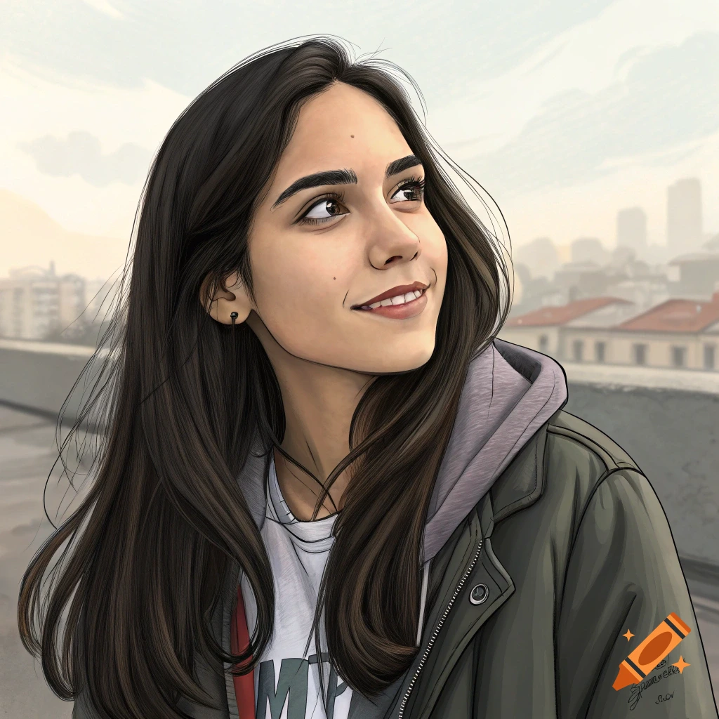 Illustration of a young woman in a jacket and hoodie looking up, with a cityscape in the background.