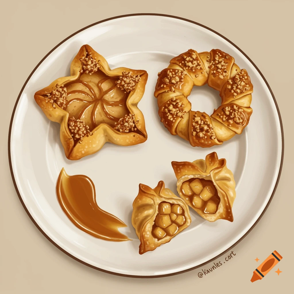 A plate with star, ring, and wonton shaped pastries with caramel, nuts, and apple filling.