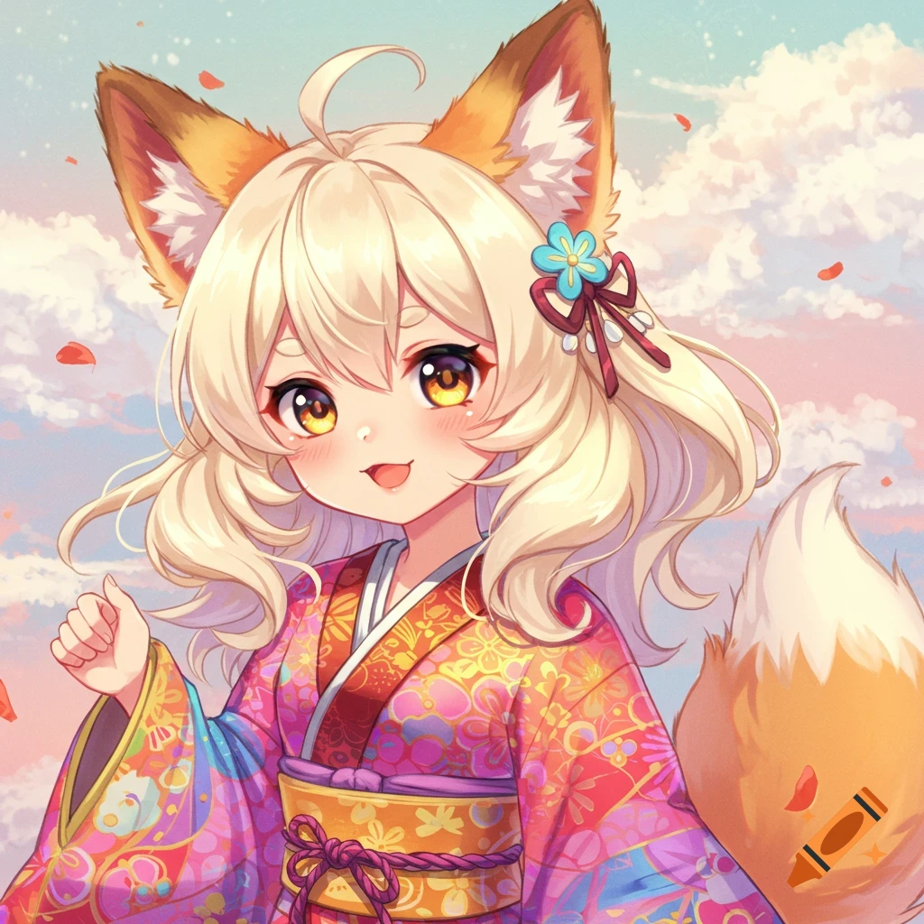 A cute anime fox girl wearing a colorful kimono against a sky background with falling petals.