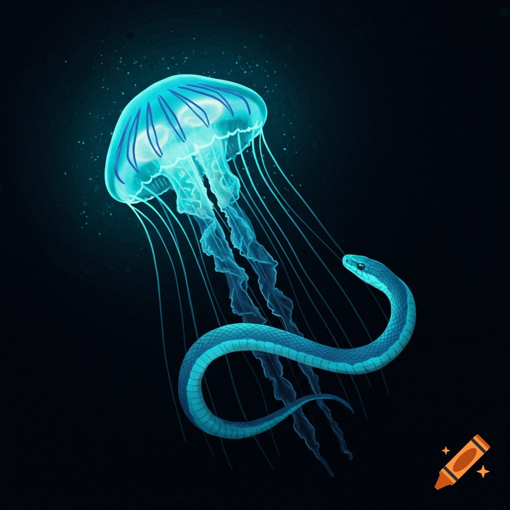 A glowing blue jellyfish floats next to a blue snake in dark water, digital art.