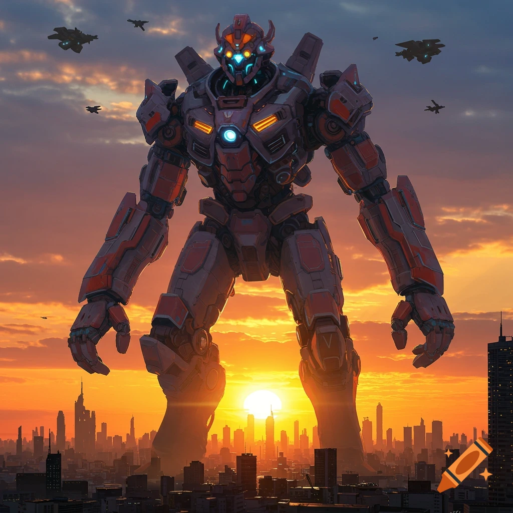 A giant robot stands over a city skyline at sunset with futuristic aircraft flying above.