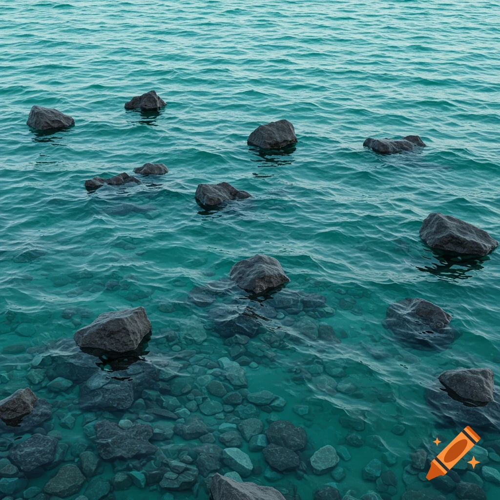 View of rocks on the seabed under clear, rippling turquoise water.