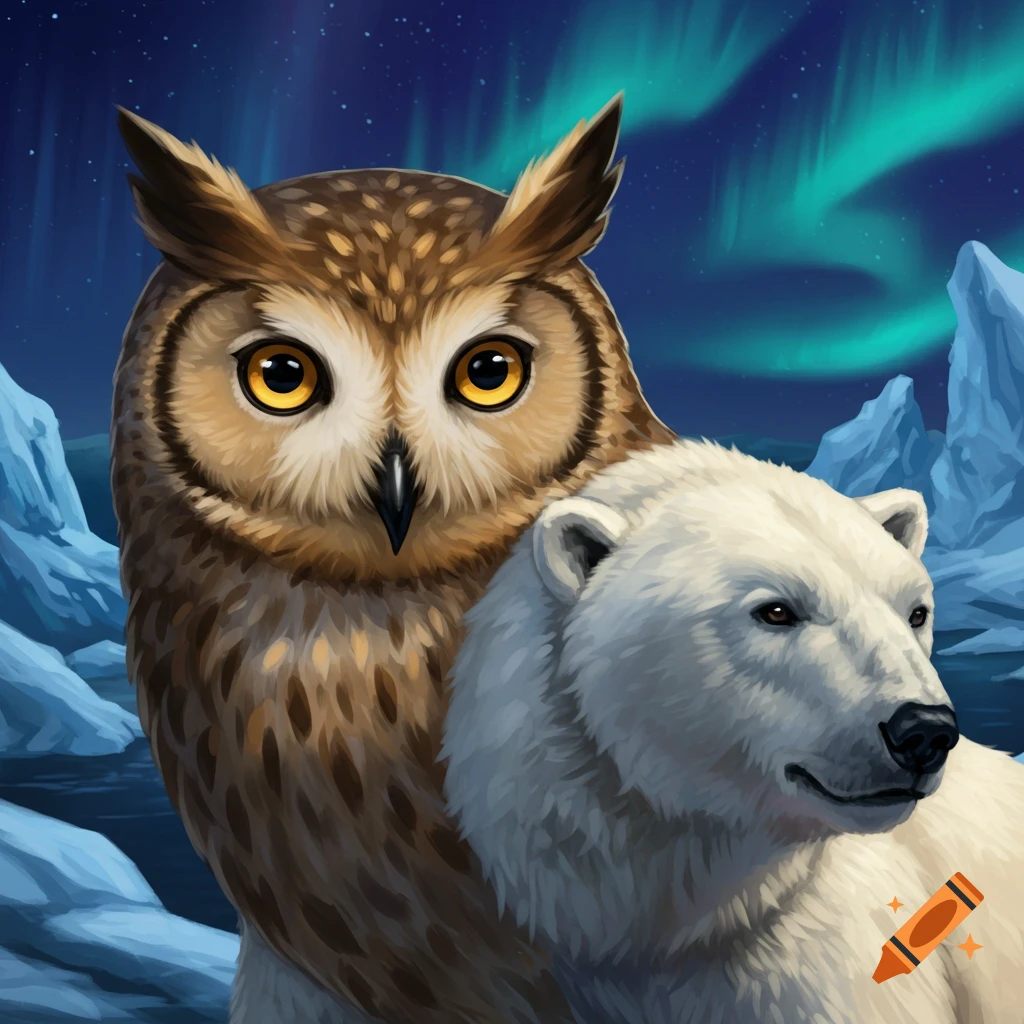An owl and a polar bear in an arctic landscape under the aurora borealis.