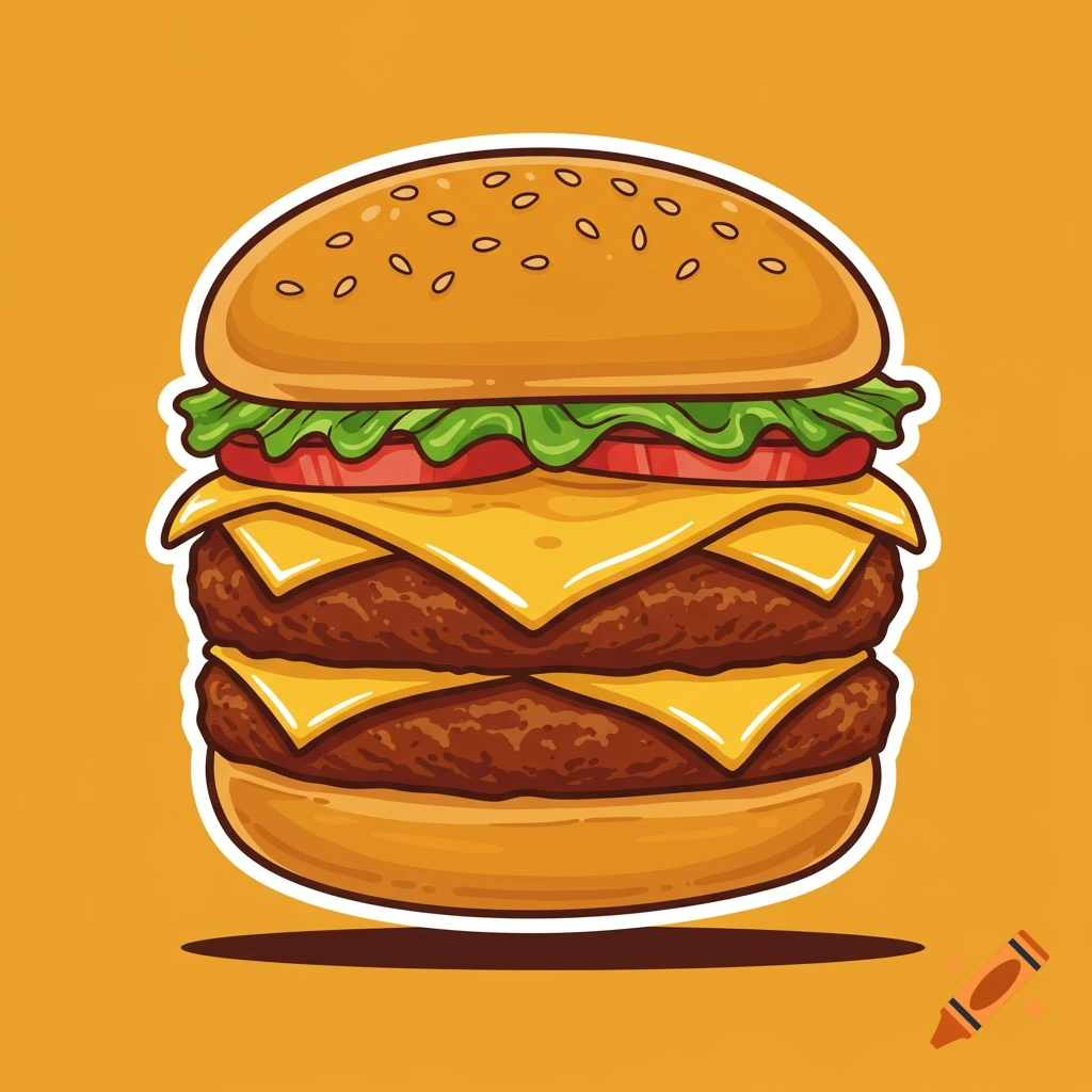 Stylized illustration of a double cheeseburger with lettuce, tomato, and cheese on an orange background.