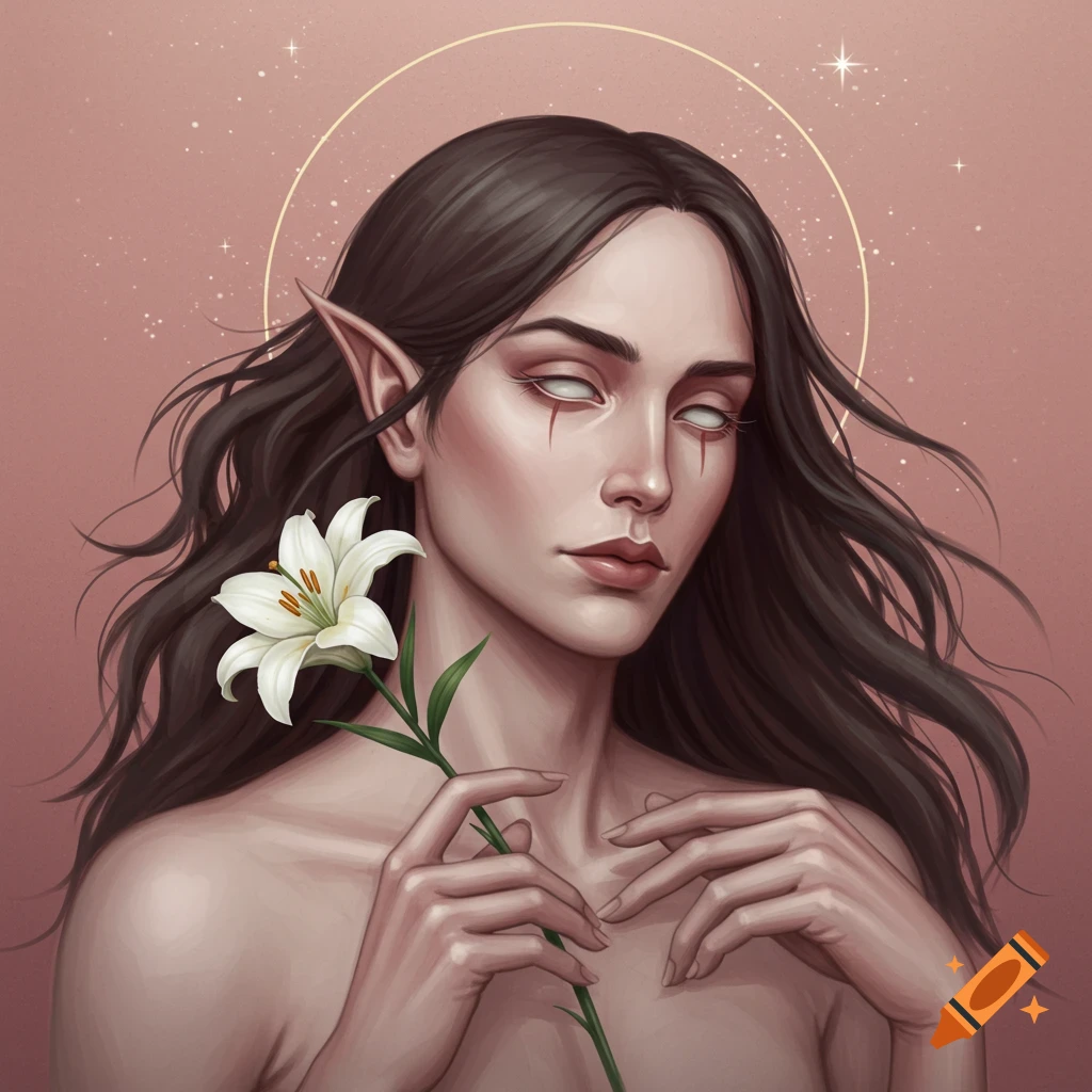 A fantasy portrait of a woman with pointed ears, pale eyes, holding a lily, with a halo and stars.