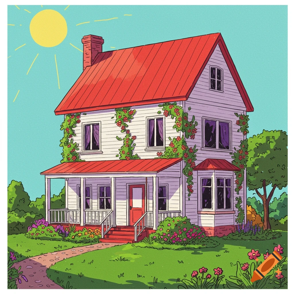 A cartoon house with a red roof and porch in a sunny garden
