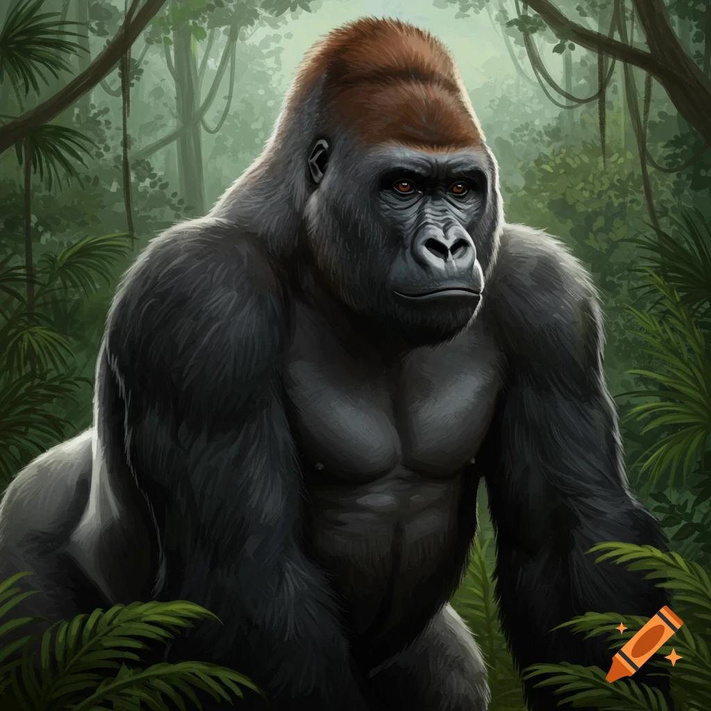 A large gorilla sitting in a jungle.