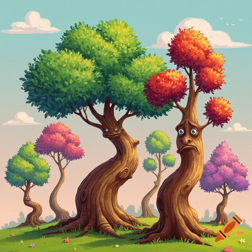 Cartoon landscape with anthropomorphic trees showing various expressions on a grassy hill.