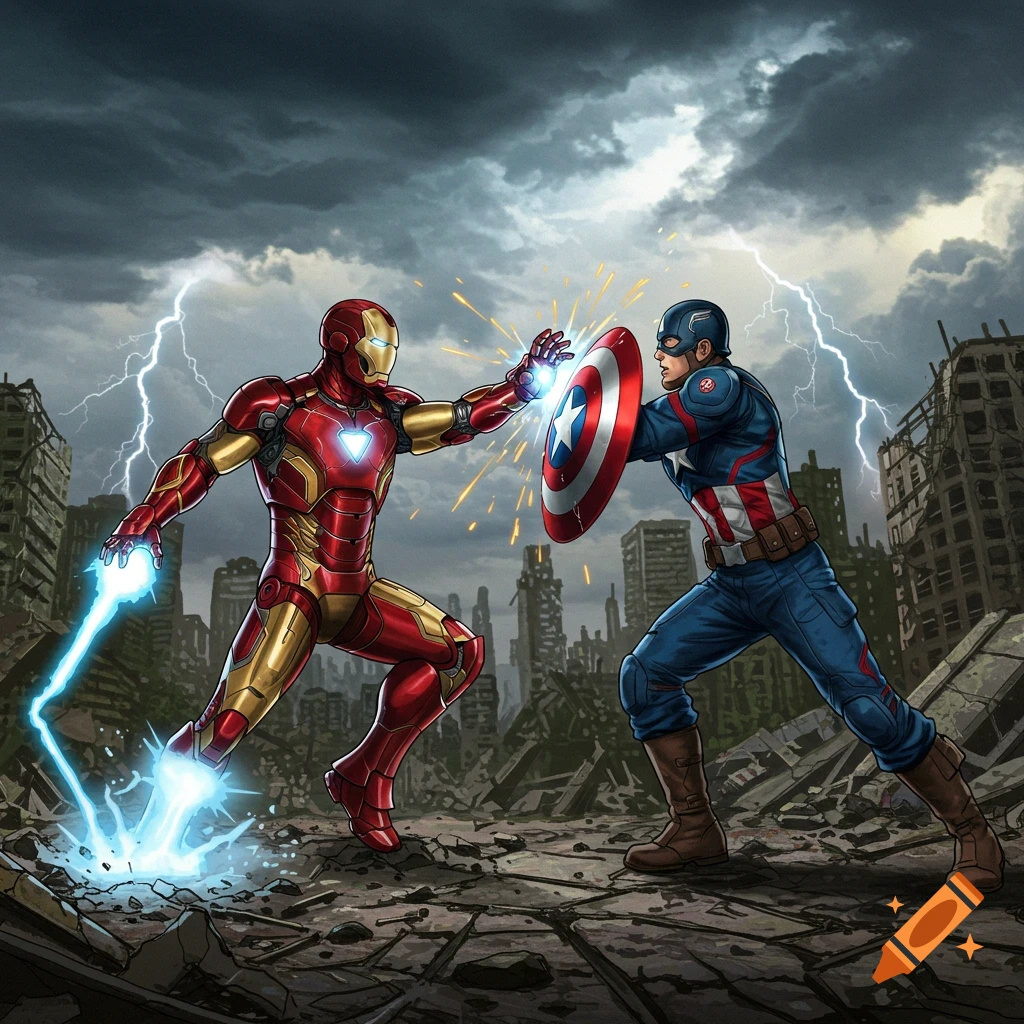 Iron Man fighting Captain America in a destroyed city with lightning.