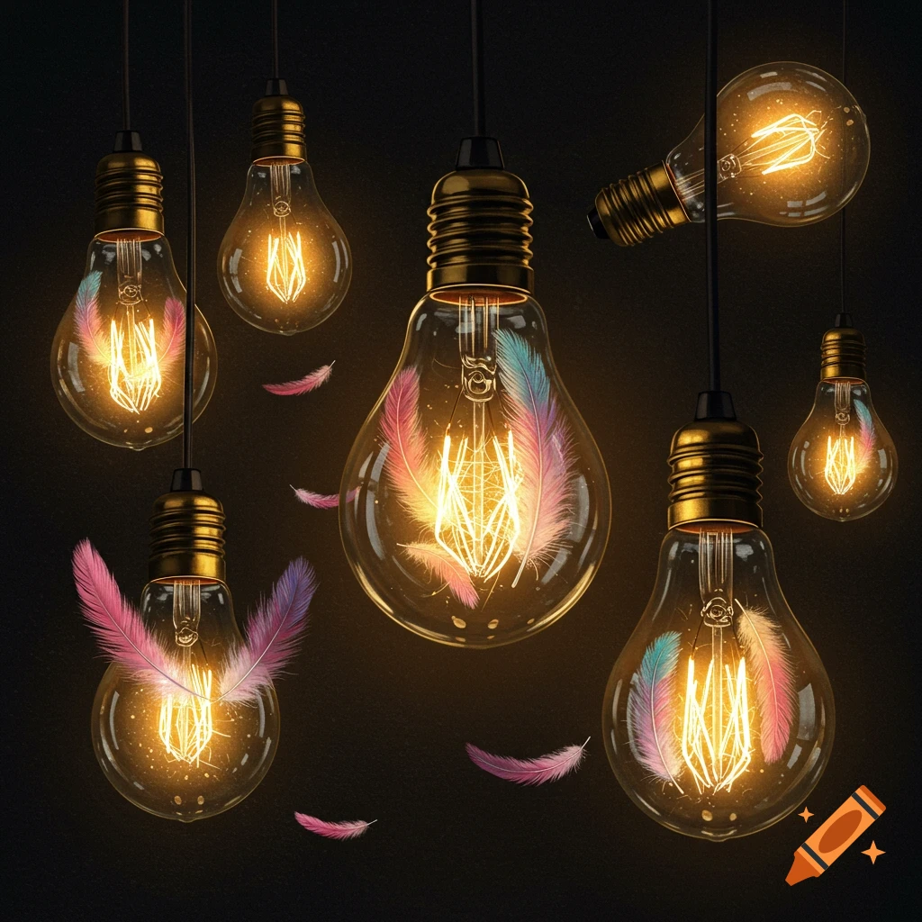 Several glowing light bulbs containing feathers, hanging against a dark background.