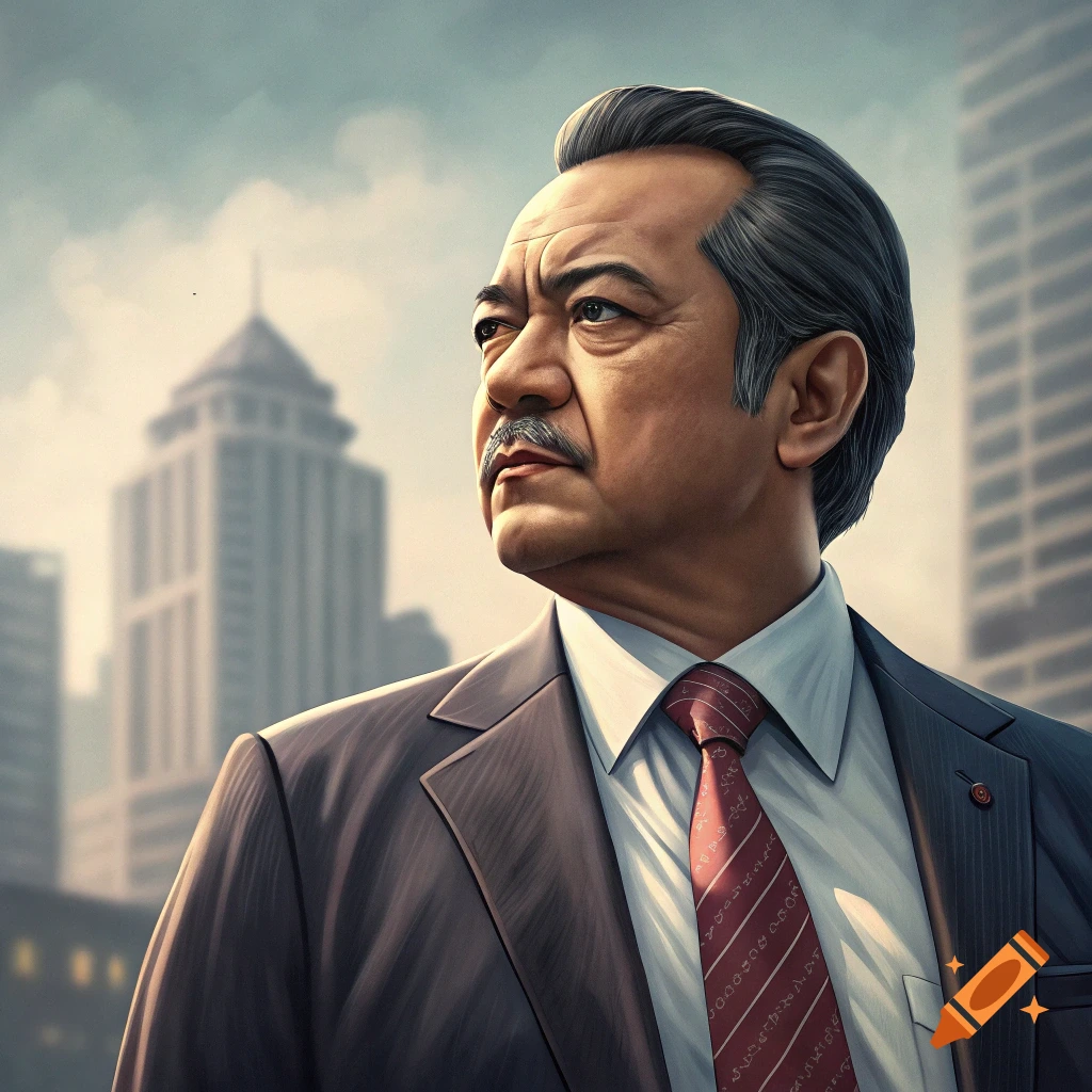 Portrait of a man in a suit looking away, with a cityscape in the background.