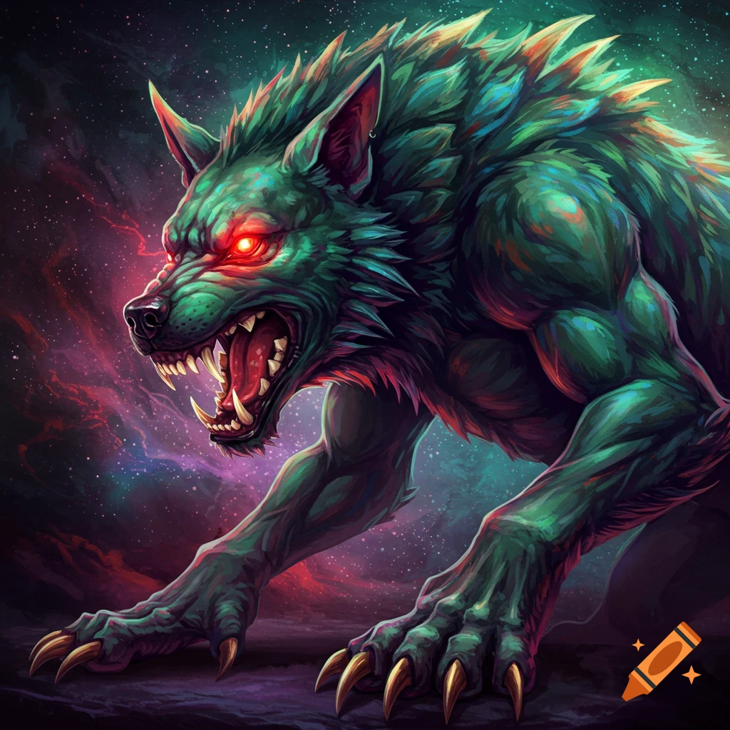 A snarling green monster with red eyes and sharp claws crouches against a starry cosmic background.