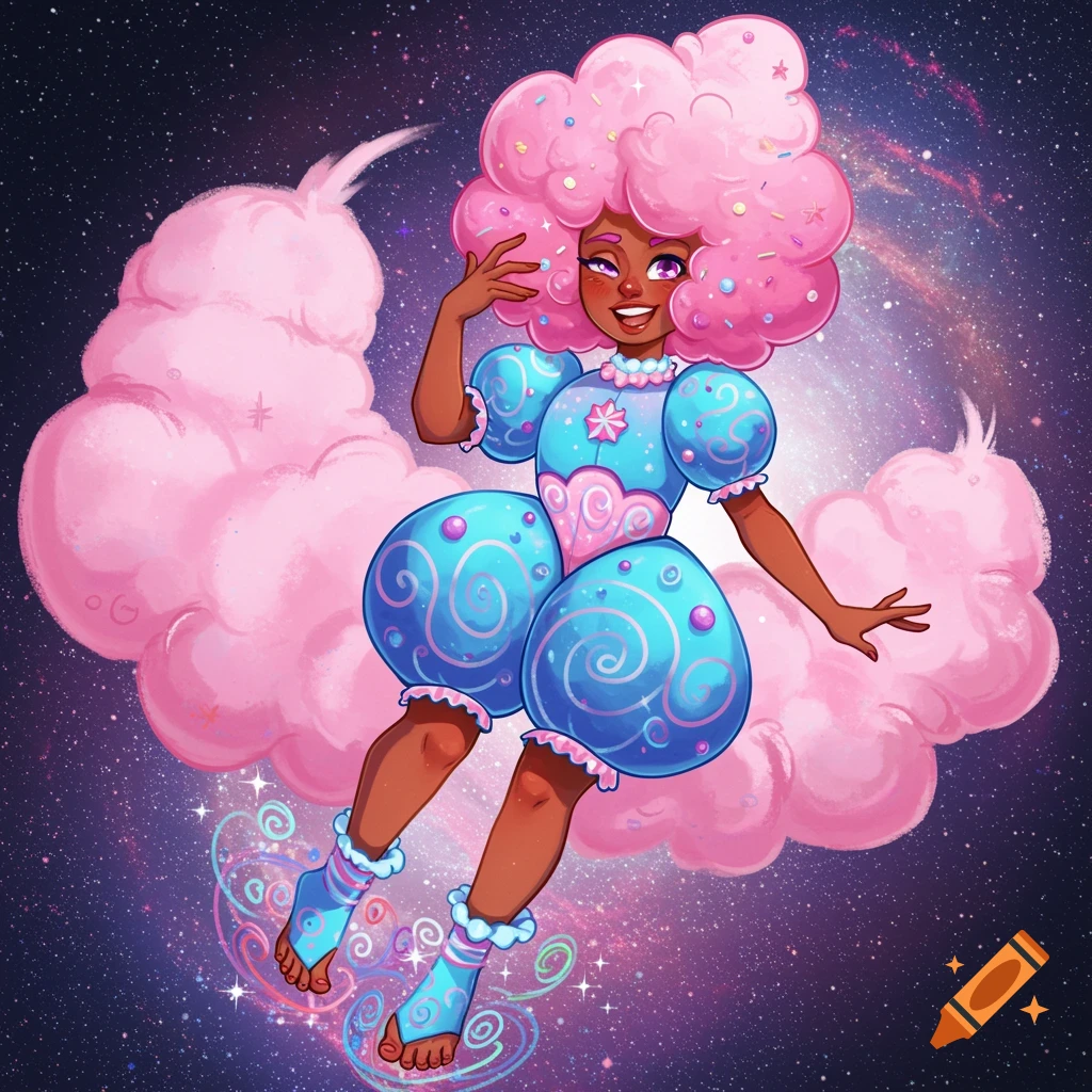 A whimsical fantasy character with pink cotton candy hair and a blue candy floss outfit floats in a galaxy.