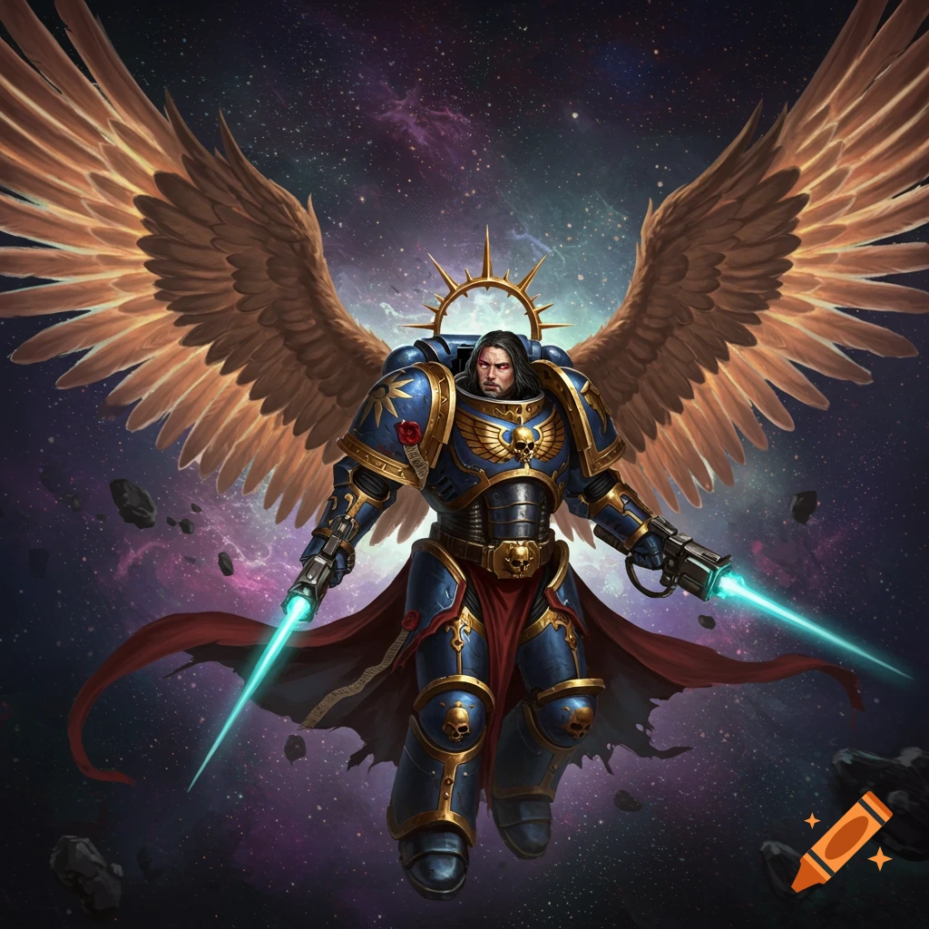A winged space marine in blue and gold armor floats in space wielding energy swords.