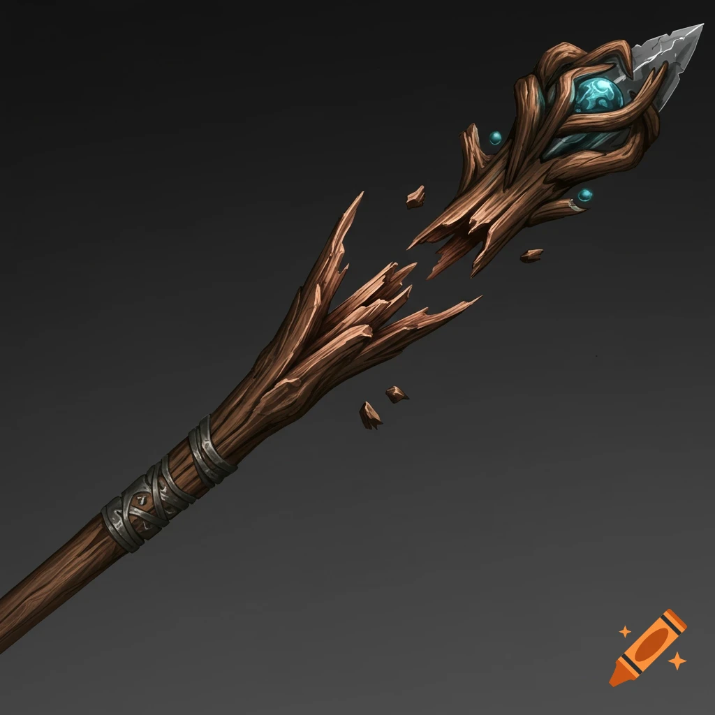 Broken wooden wizard staff with a sharp tip and blue glowing orb.