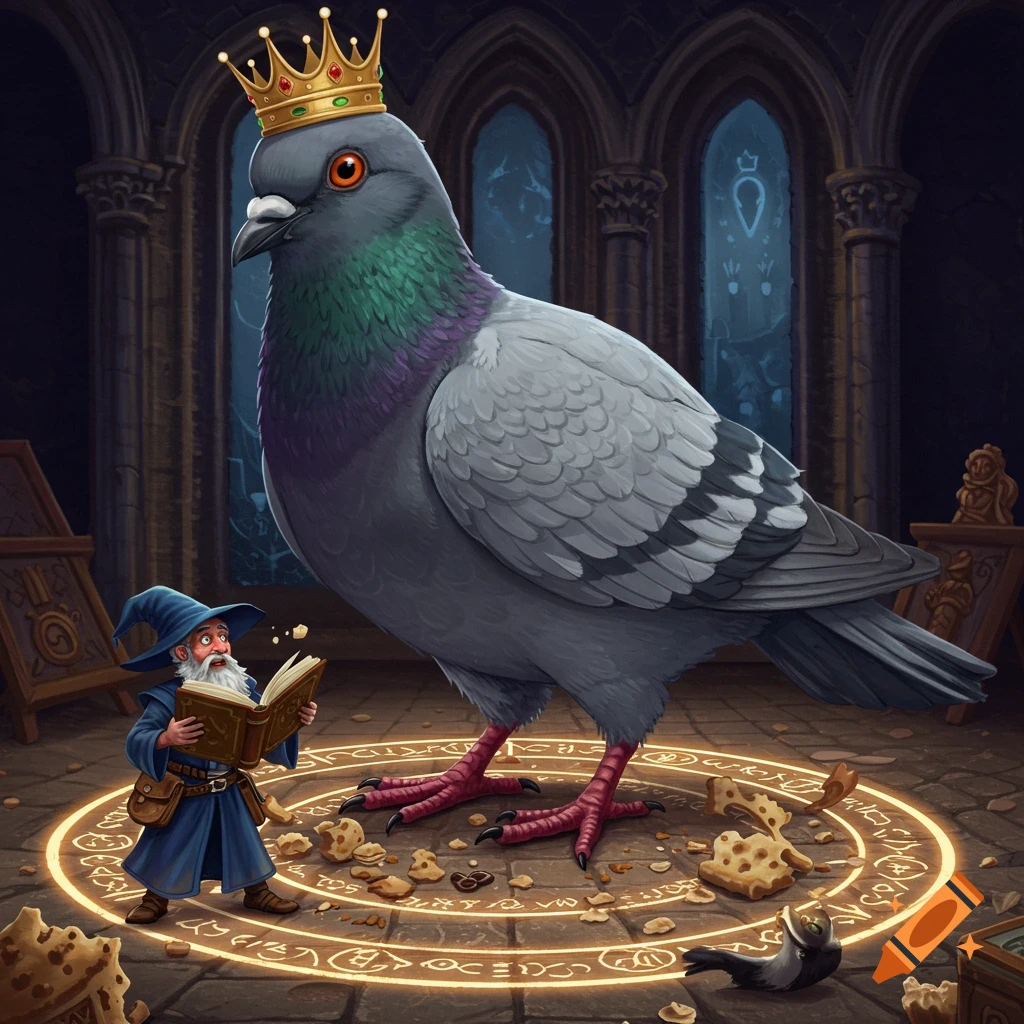 A tiny wizard reading a spellbook next to a giant pigeon wearing a crown in a summoning circle.