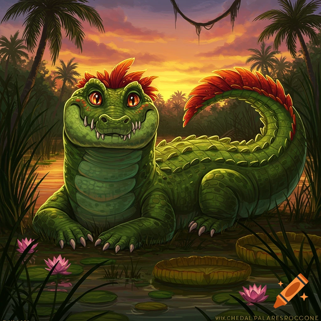 A smiling cartoon crocodile with red hair in a jungle swamp at sunset.