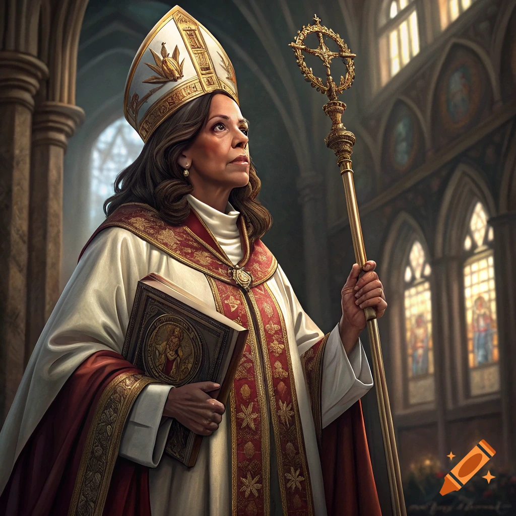 Photorealistic portrait of a woman resembling Kamala Harris dressed as a pope, holding a book and staff, in a church.