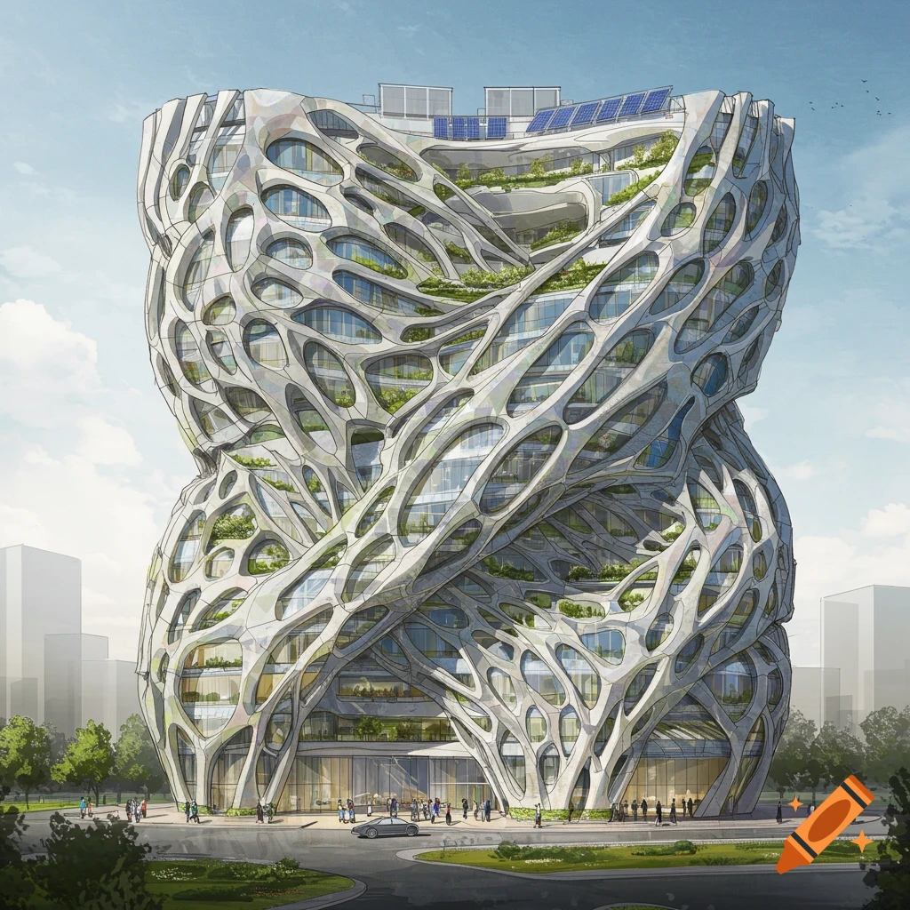 A futuristic office building with a complex, organic, white facade and visible interior levels of greenery.