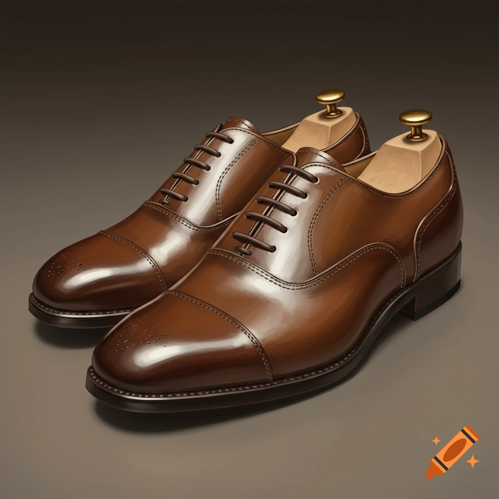A pair of shiny brown leather dress shoes with shoe trees