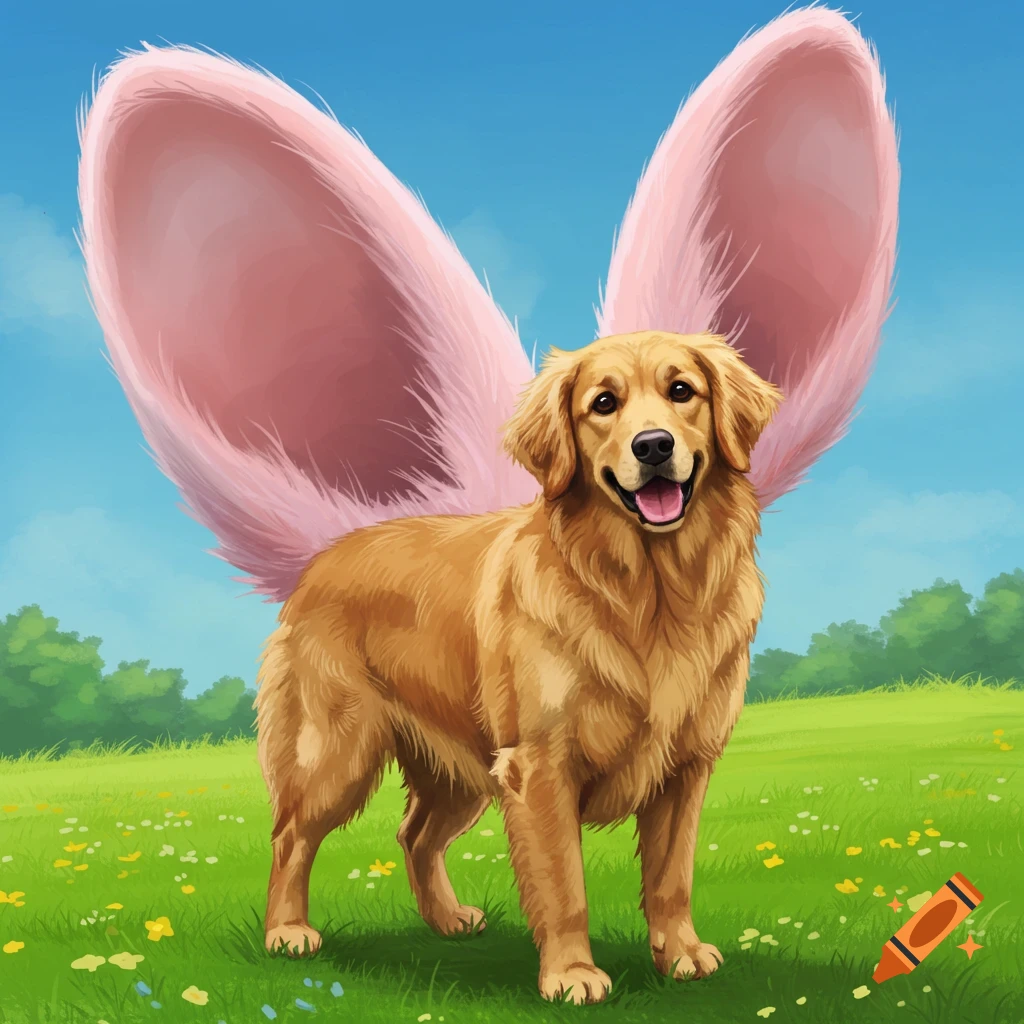 A golden retriever wearing giant pink bunny ears in a grassy field.